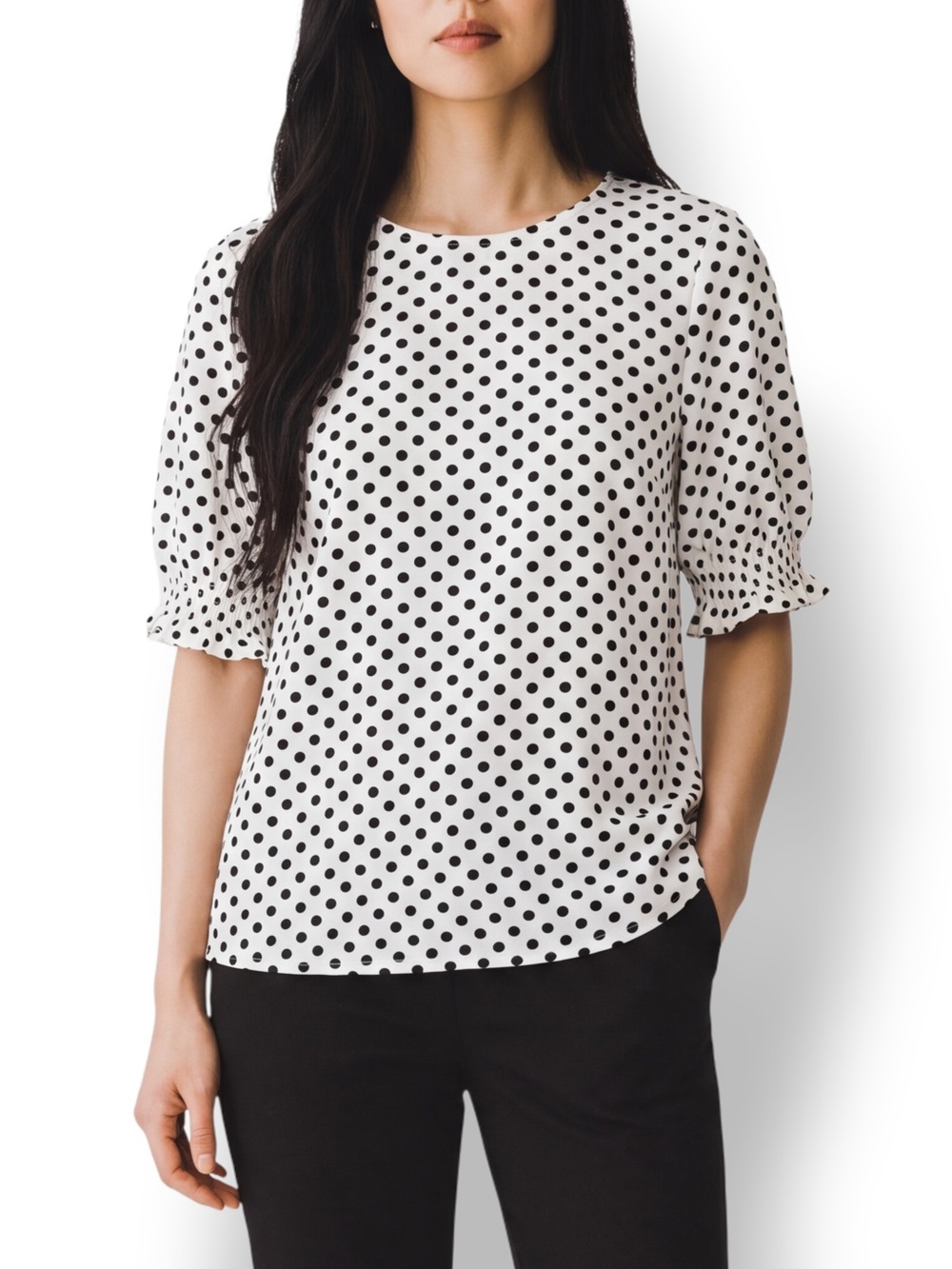 4/$20 Adrianna Papell Textured Black White Polka Dot Smocked Cuff Top Large NWT